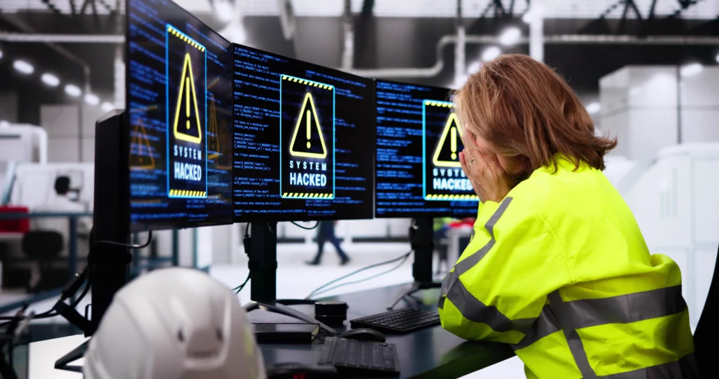 Manufacturing professional reviewing a system breach alert highlighting ransomware attacks and the importance of cybersecurity for manufacturing environments.